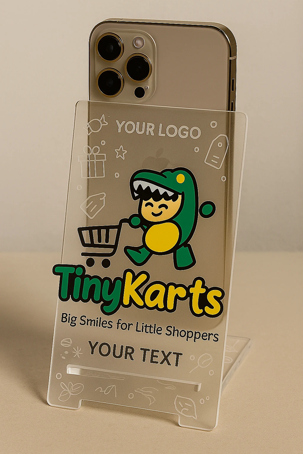 Custom Acrylic Mobile Stand with Engraved Floral Design & Personalized Logo