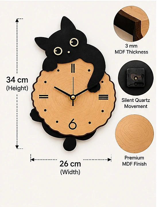 Cute Cat MDF Wall Clock Home Office